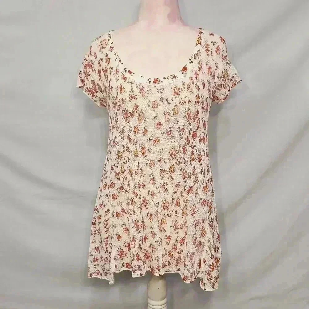 Free People Floral Knit Short Sleeve Sheer Top
